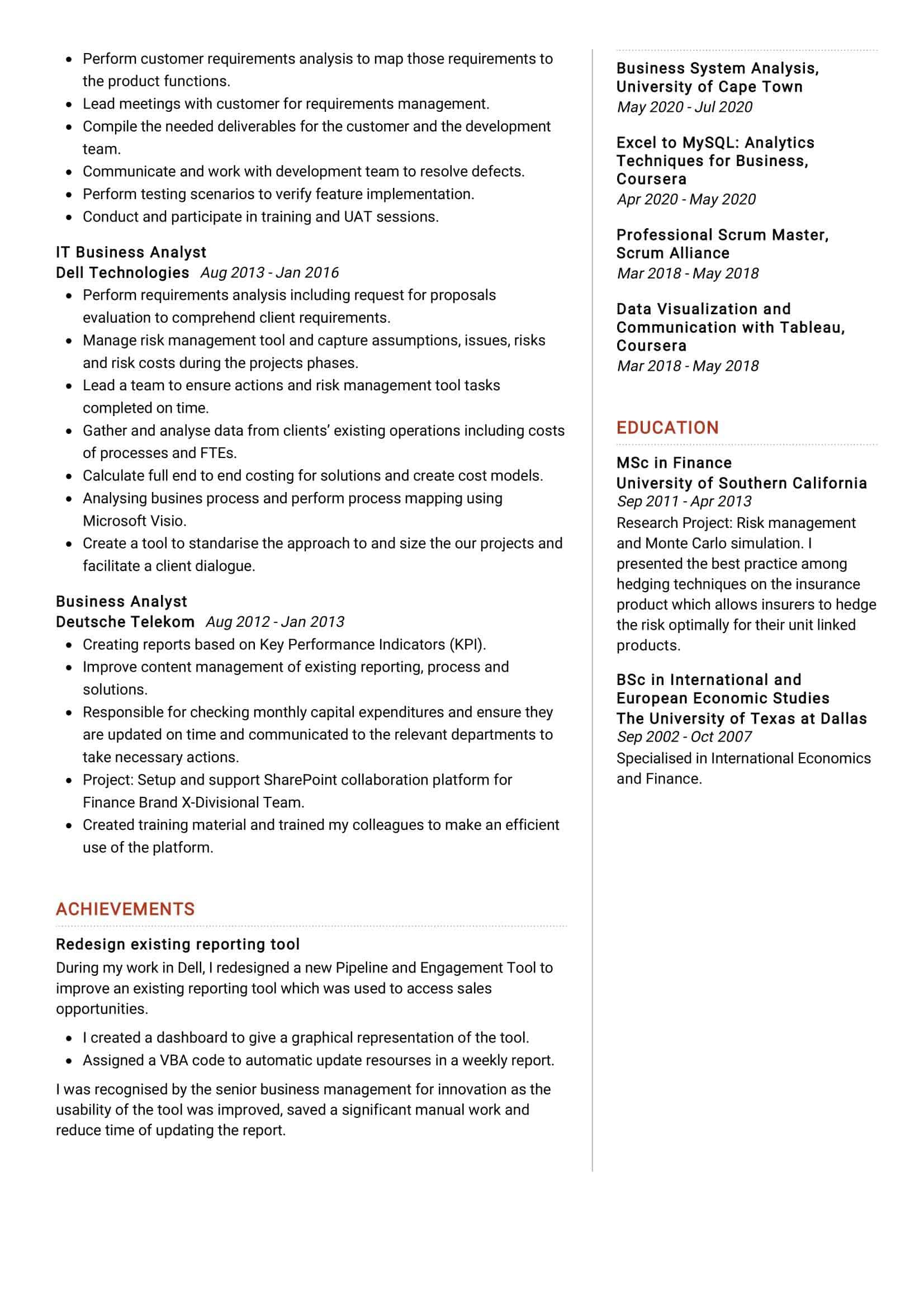 it business analyst resume sample