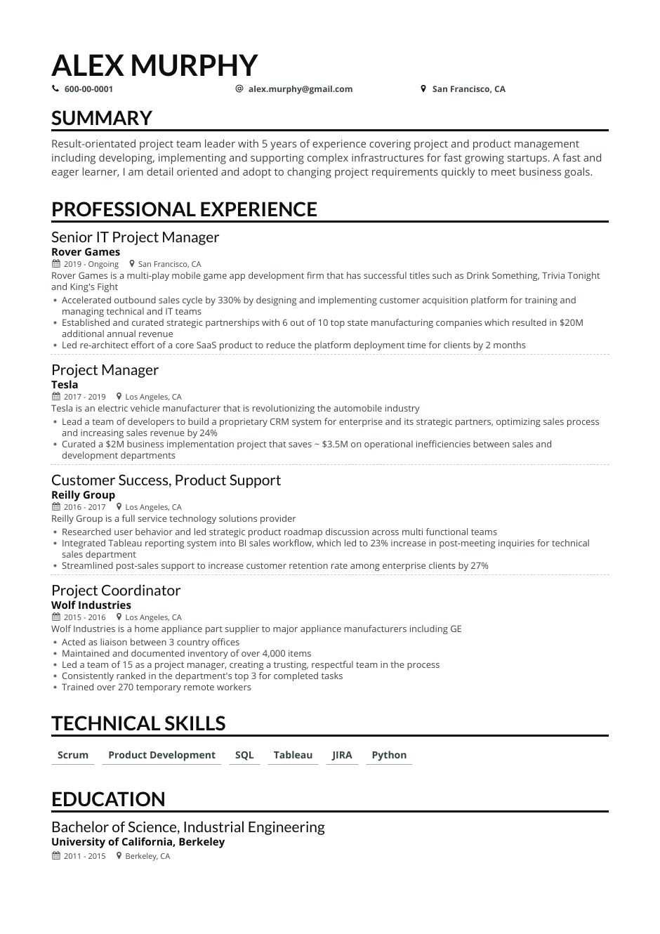 project manager resumes