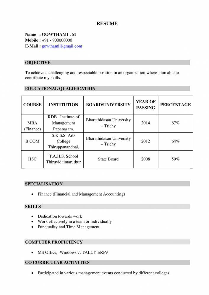 mba fresher resume for hr and finance