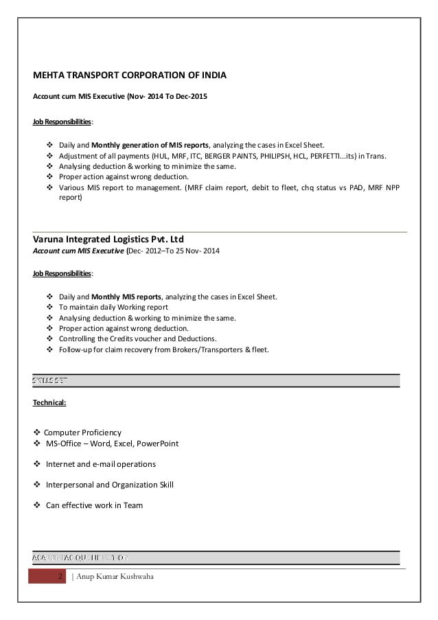 Mis Executive Resume Sample In India Resume format for Mis Executive