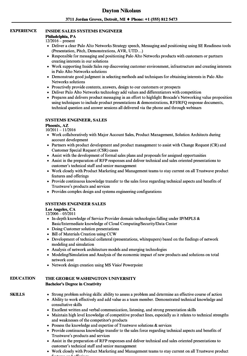 systems engineer sales resume sample