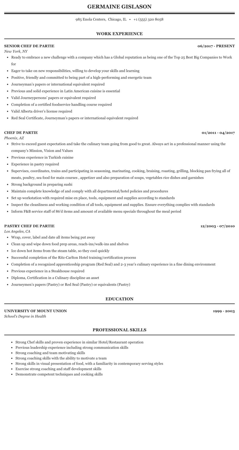 cv format for bakery chef