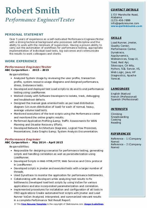 performance test engineer resume