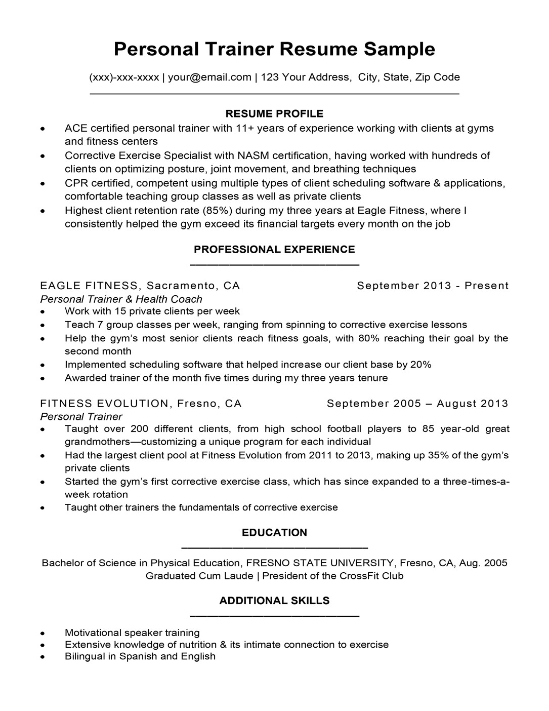 group fitness instructor resume with no experience