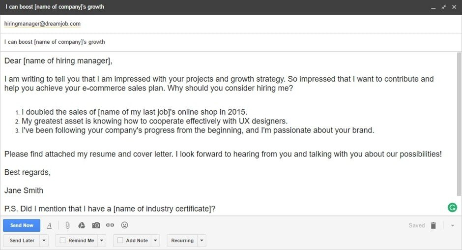 job application email template for sending resume