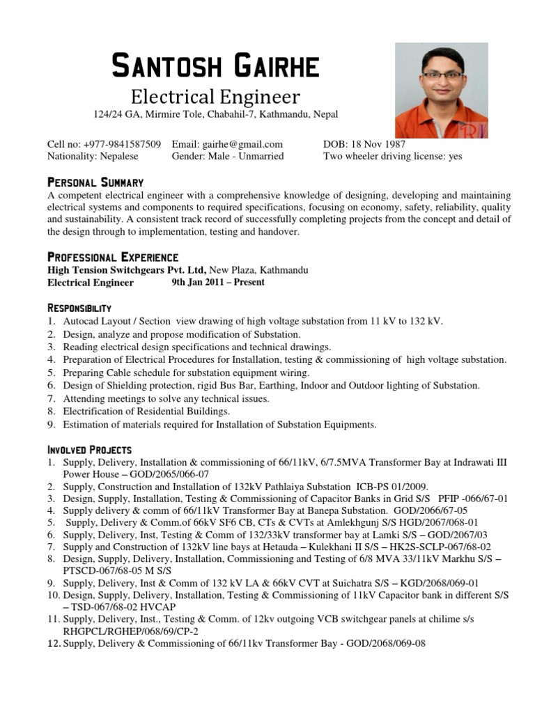 fre resume format electricalml