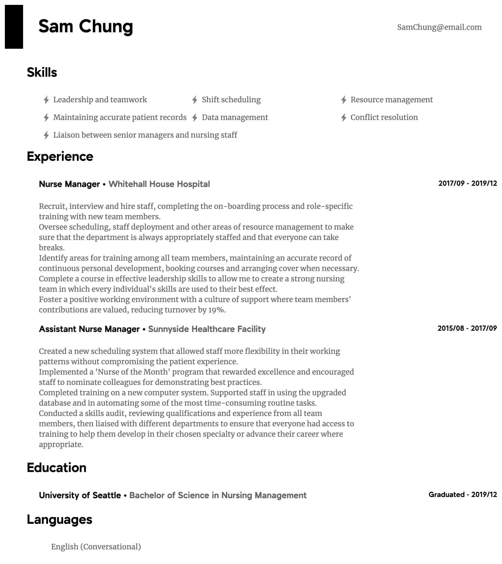 nursing management resume sample