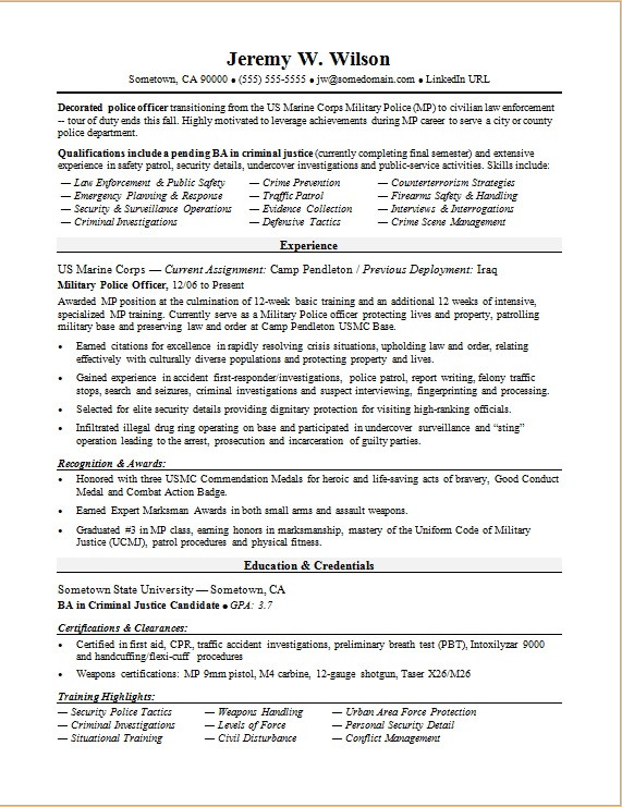 sample resume military to civilian transition