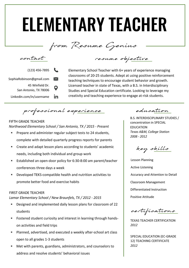 elementary teacher resume example