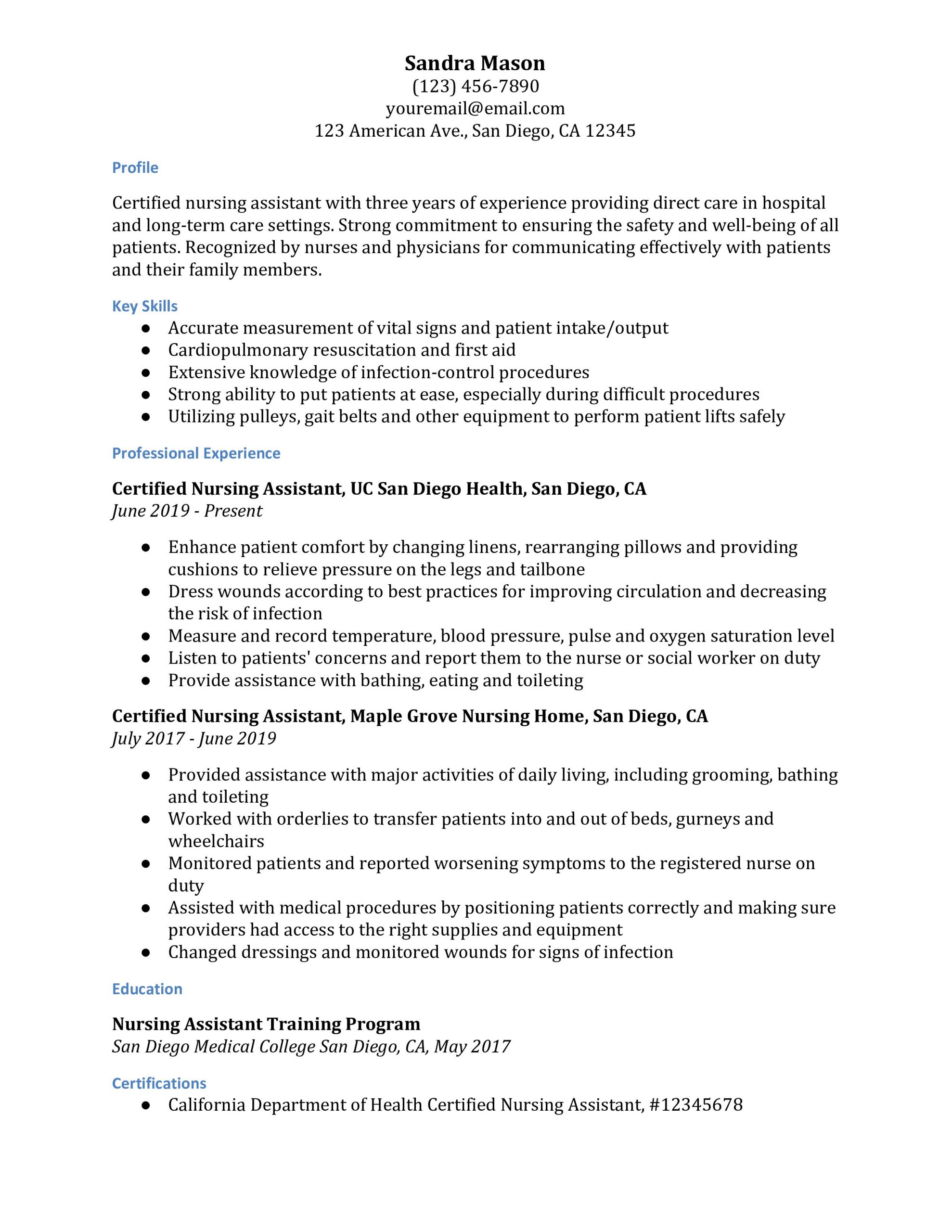 Sample Resume for Cna with No Previous Experience Certified Nursing assistant Resume Examples – Resumebuilder.com