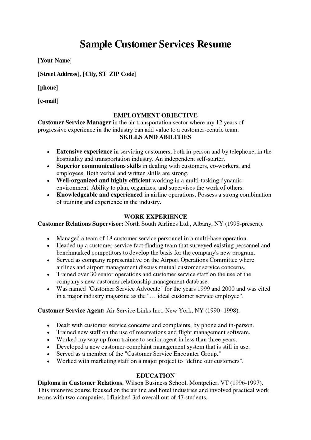 sample resume for customer service representative no experience