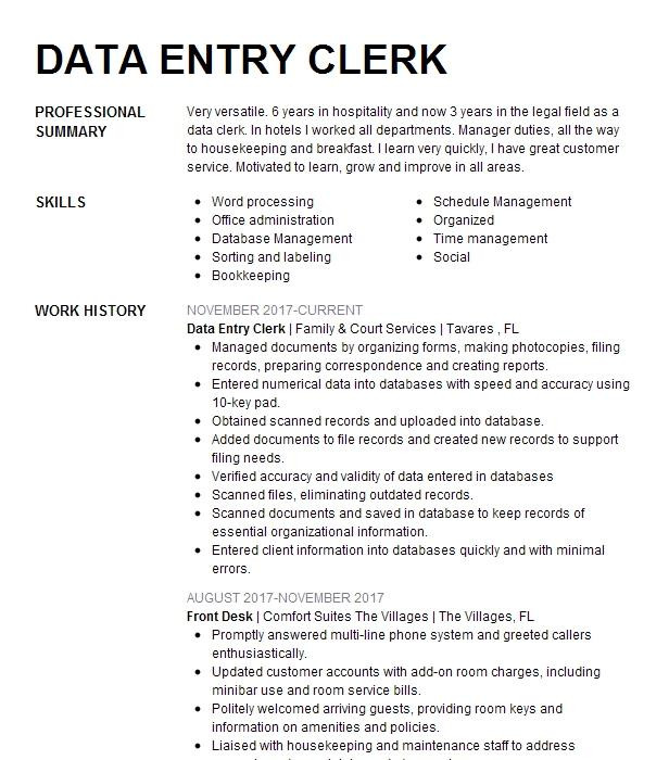 Sample Resume for Data Entry Clerk Position Data Entry Clerk Resume Example Nex Systems Stockton