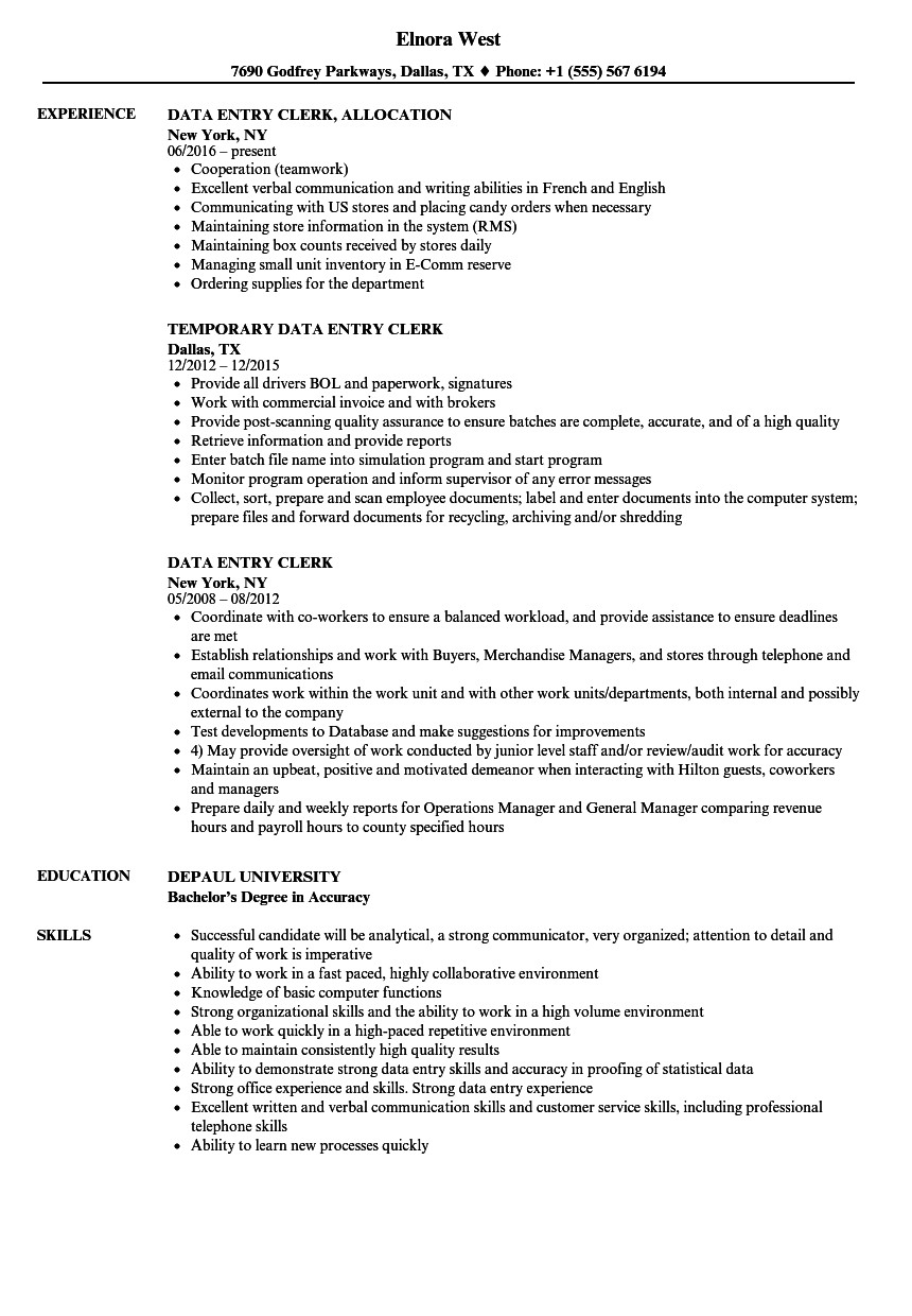 data entry clerk resume sample