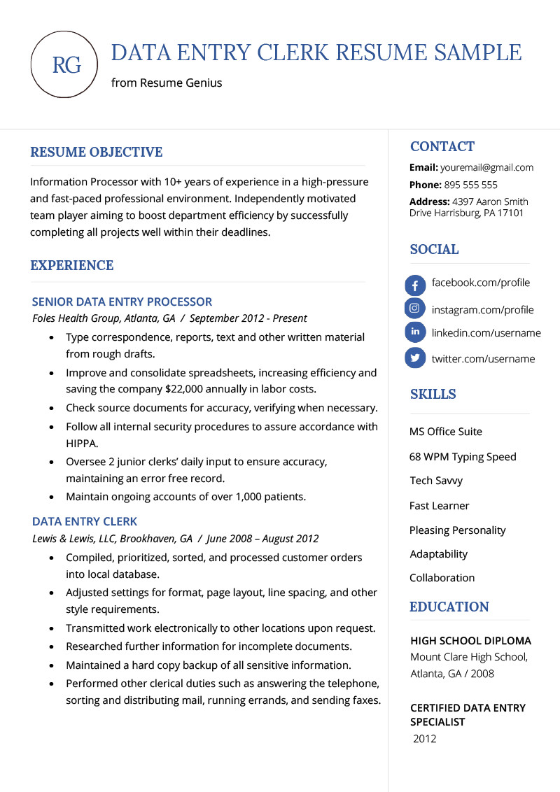 data entry clerk resume example