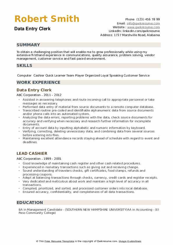 sample resume of data entry clerk