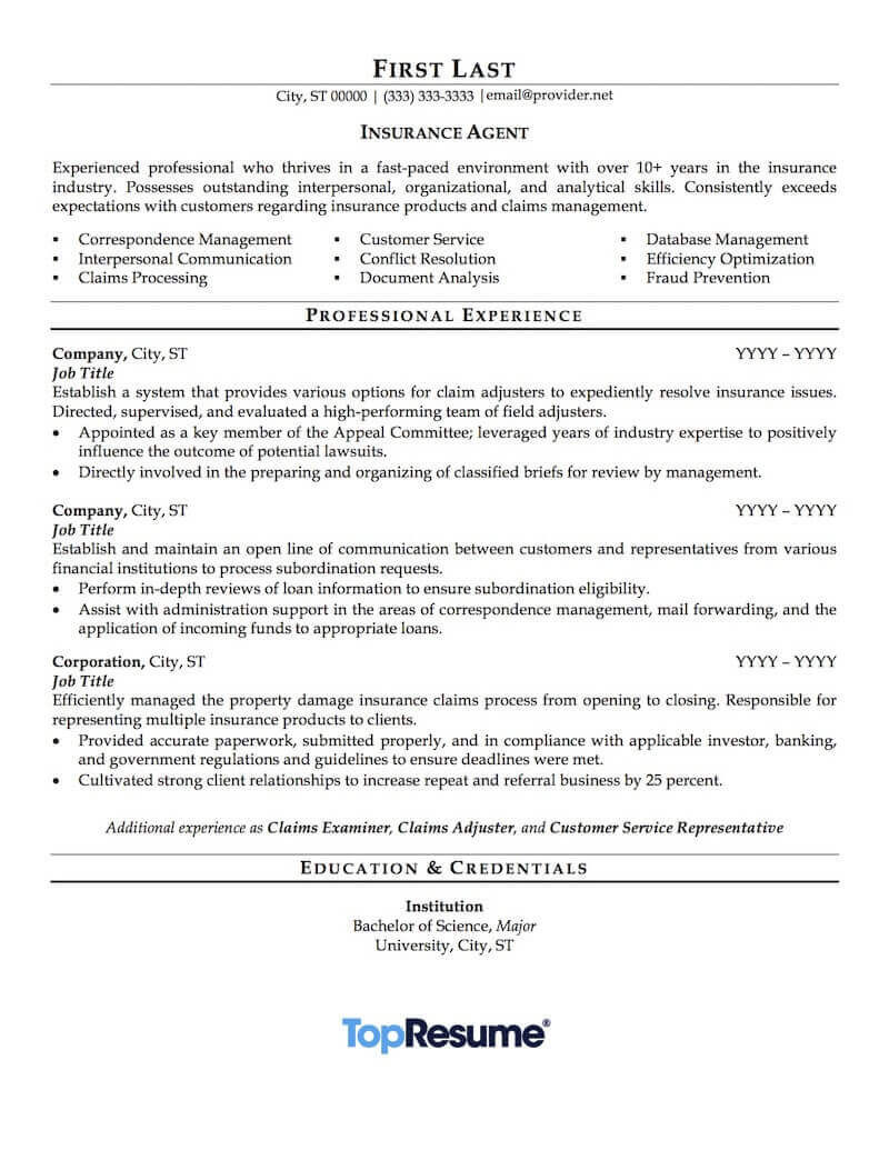 Sample Resume for Experienced Insurance Professional Insurance Agent Resume Sample