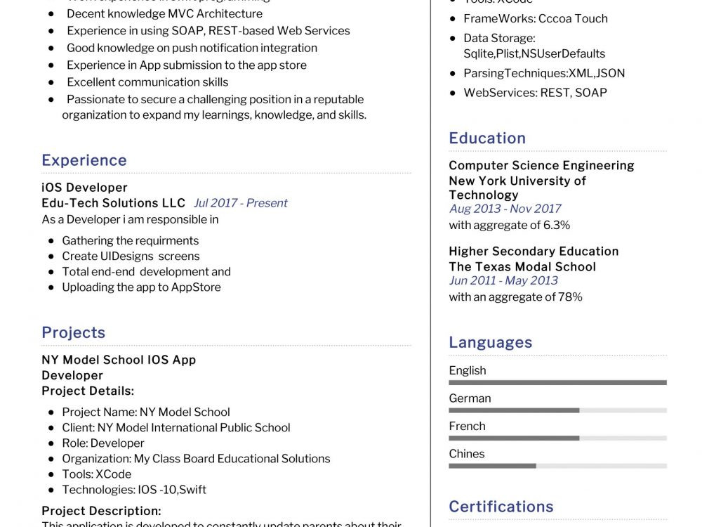 ios developer resume sample