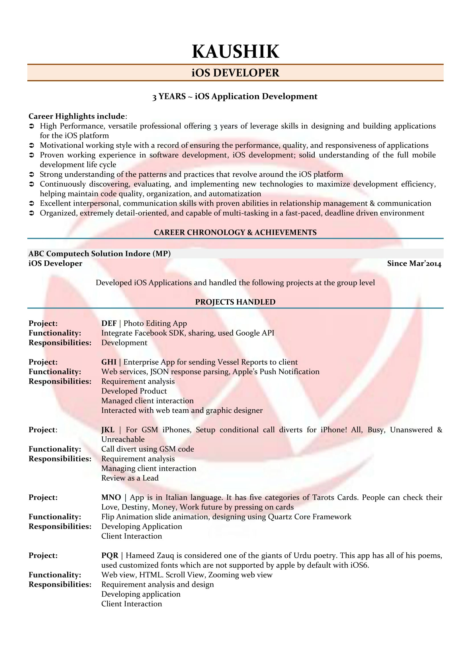 ios developer resume sample format