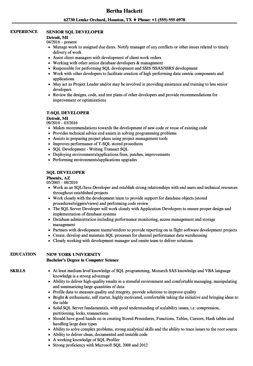 sql developer resume