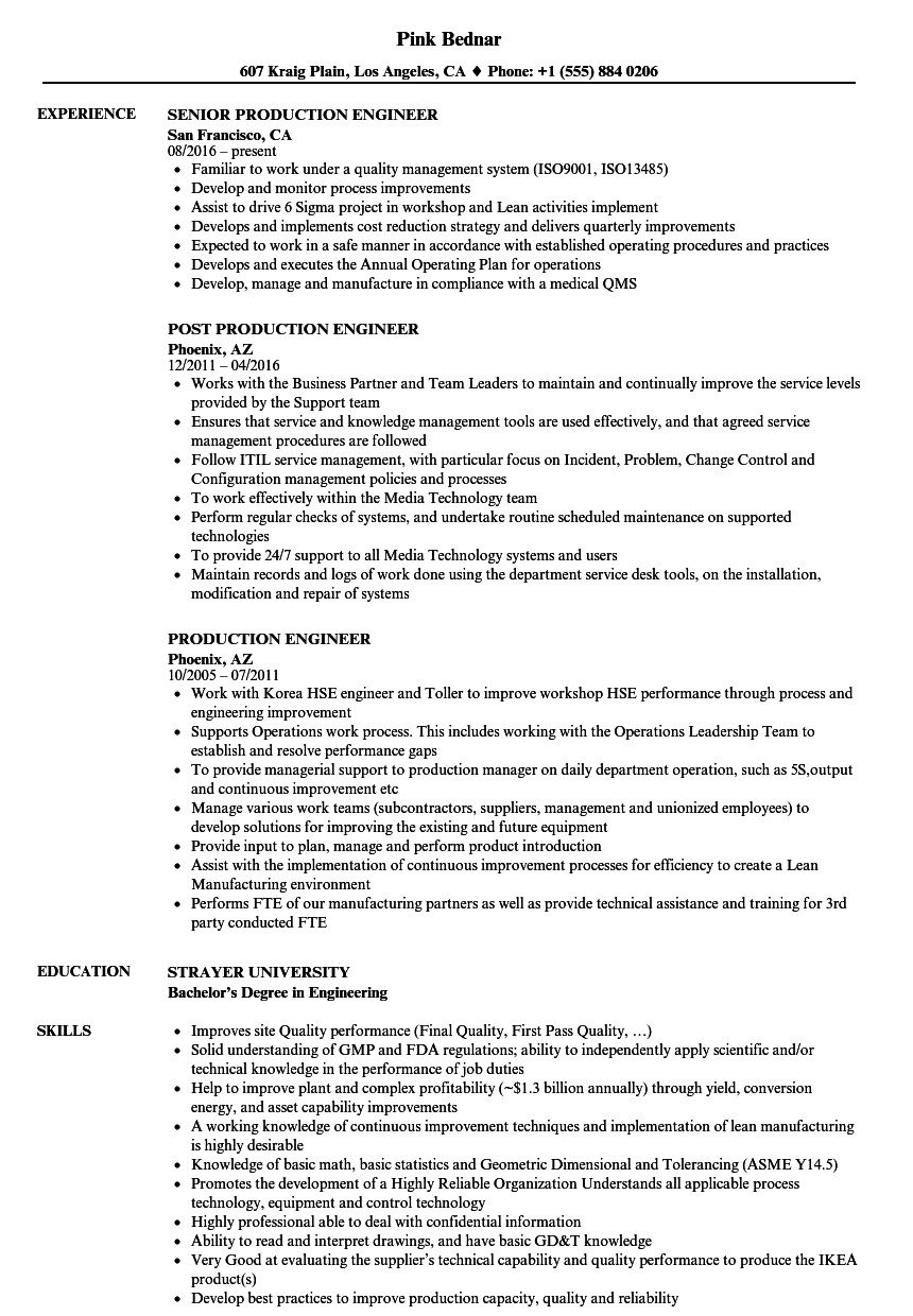 production engineer resume sample