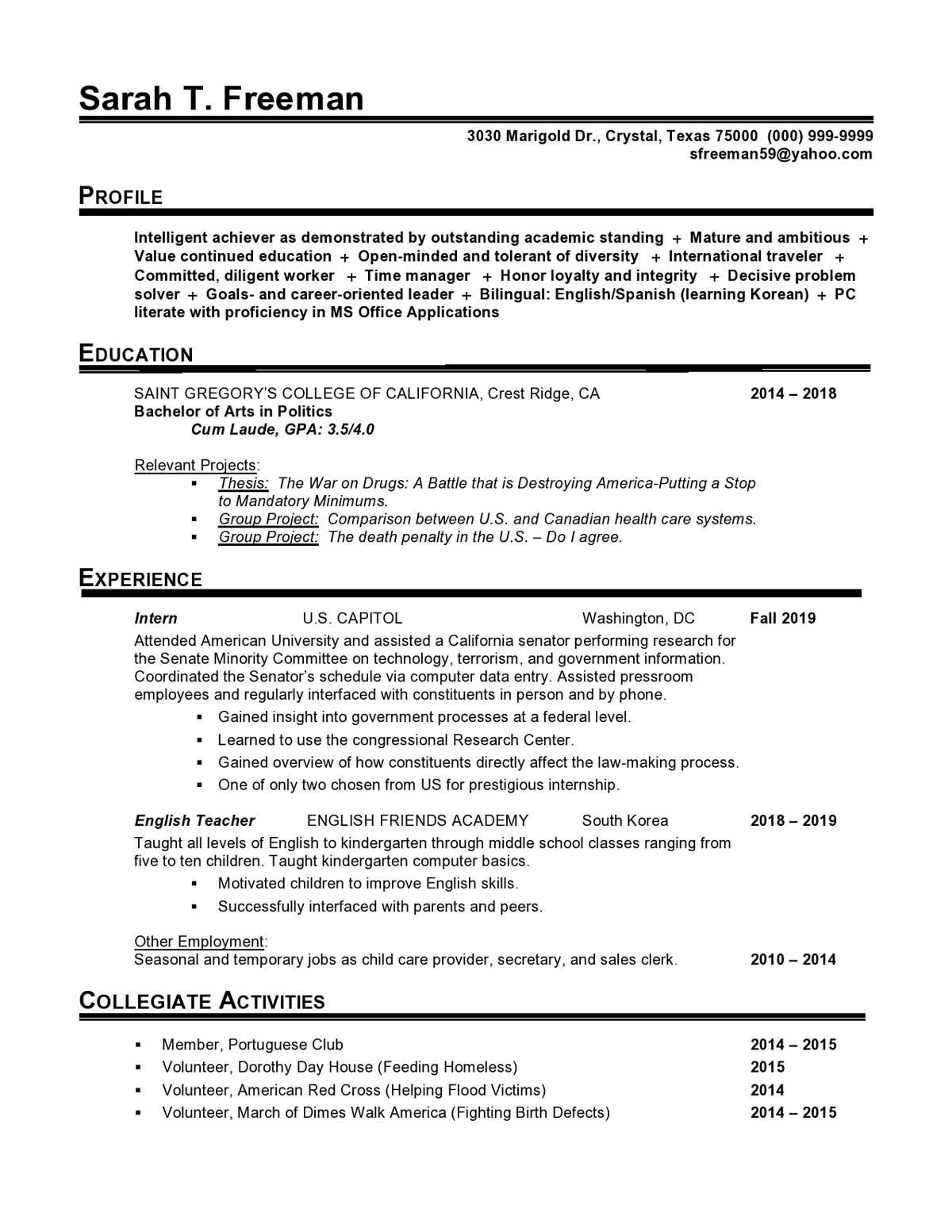 government entry level chronological resume