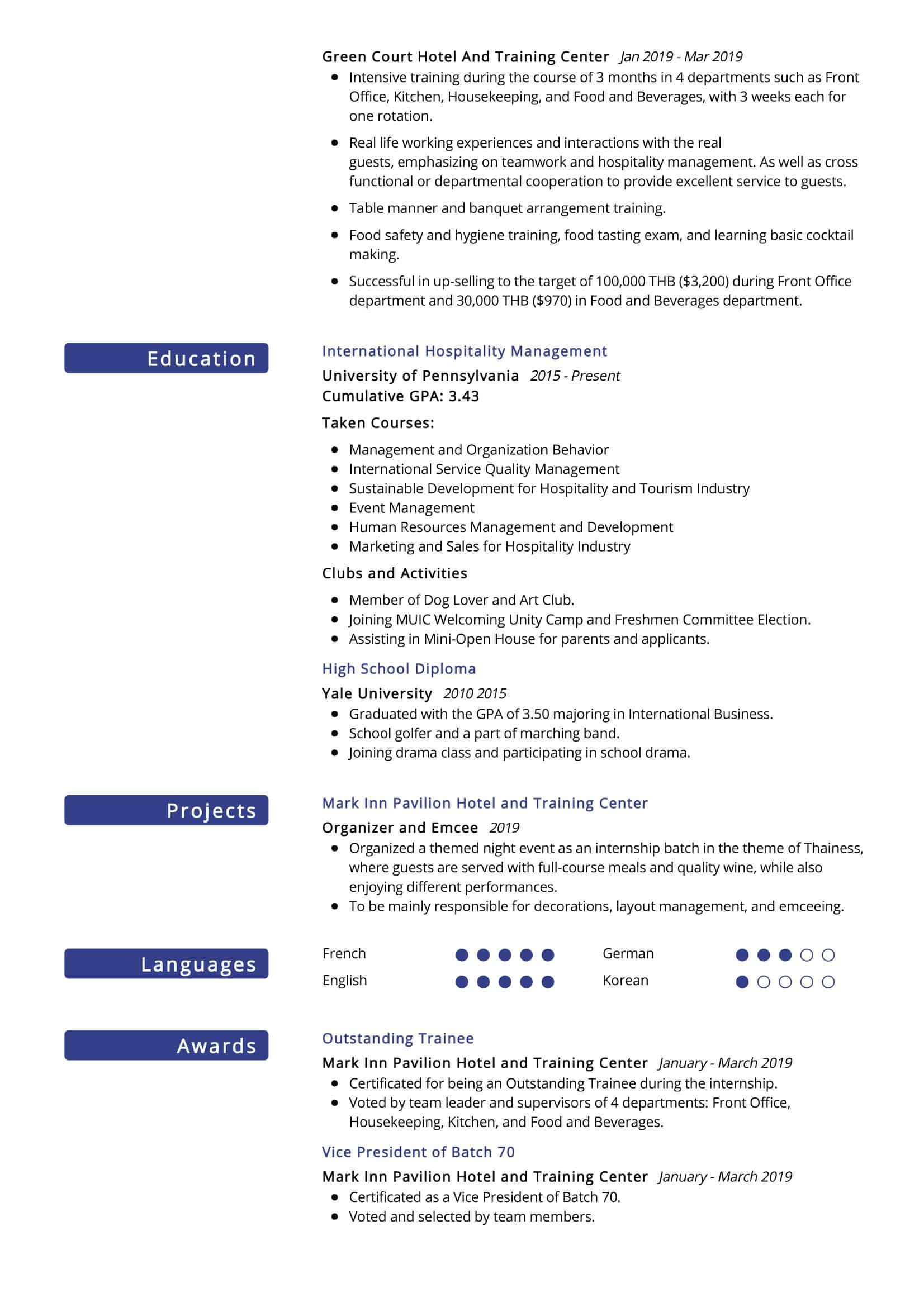 hospitality management resume sample