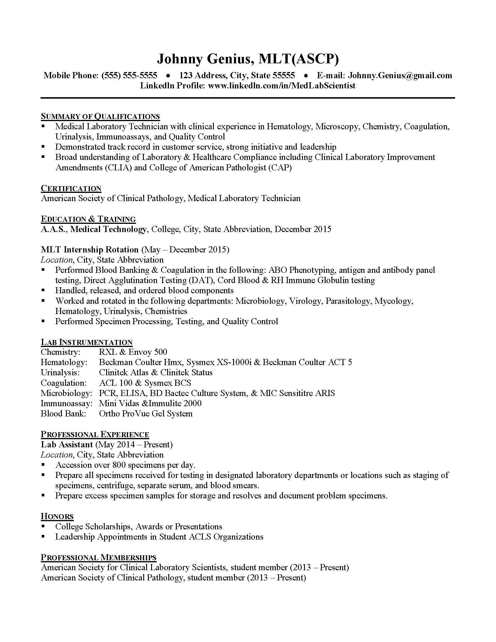 medical technology sample resume for medical technologist fresh graduate