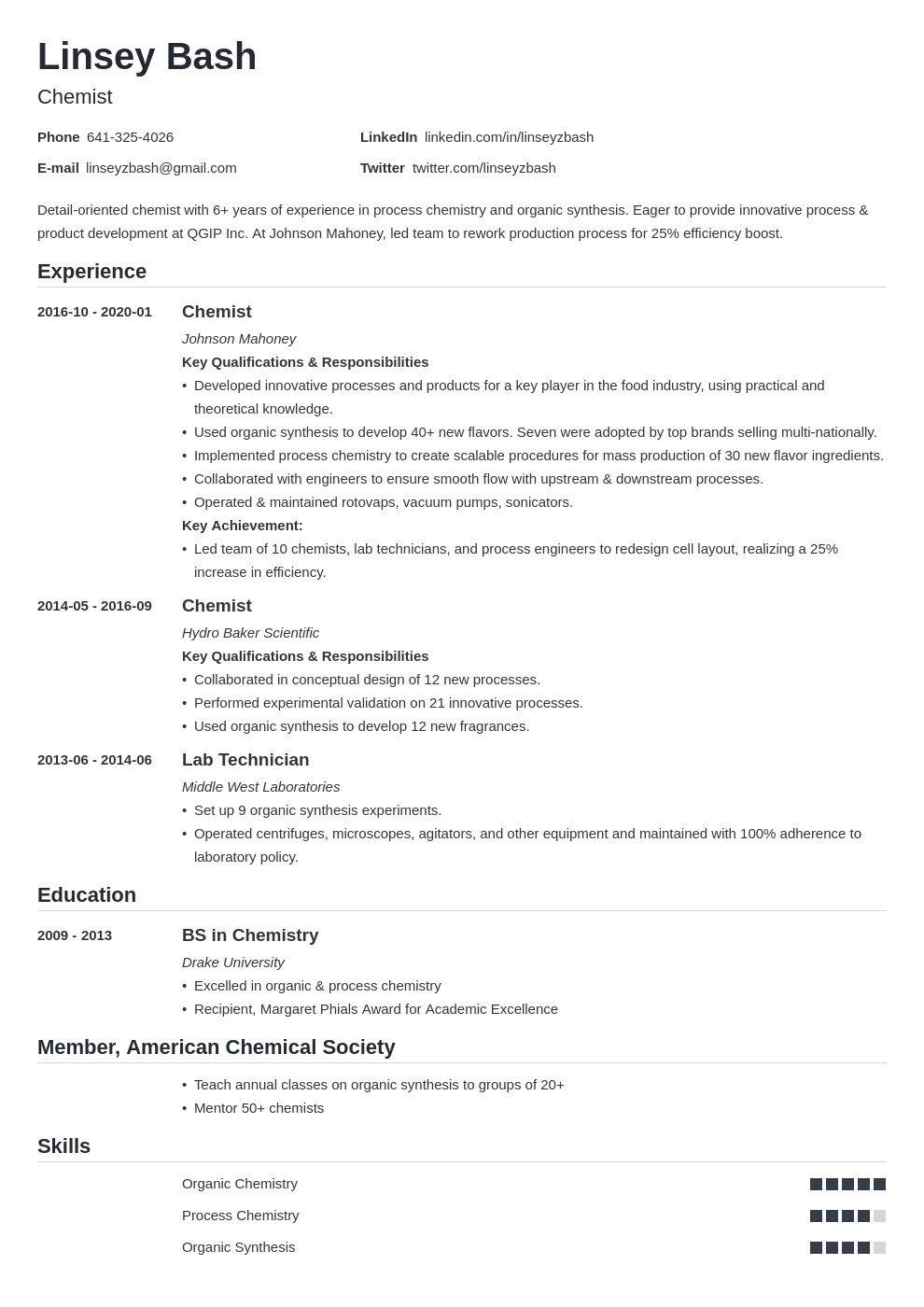 bsc chemistry fresher resume format