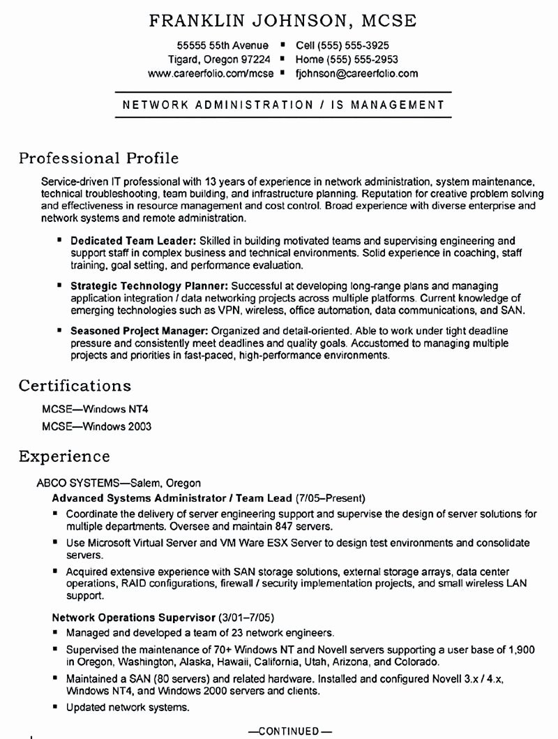 sample resume for network administrator