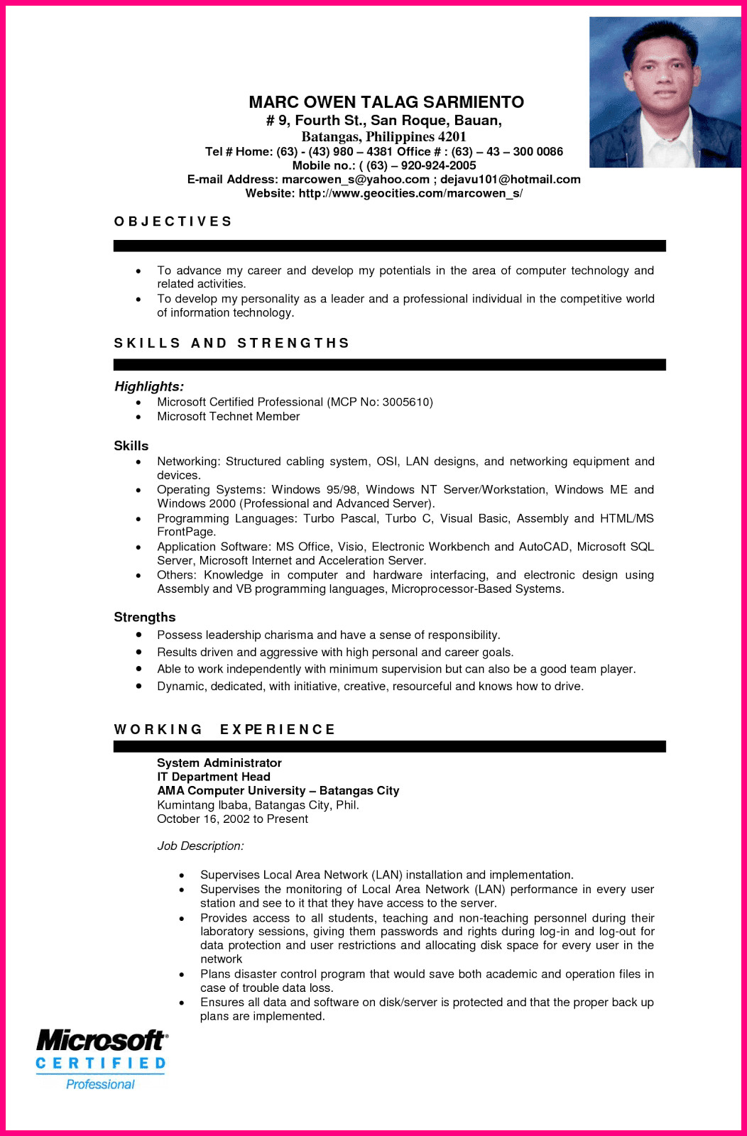 sample resume format for ojt students