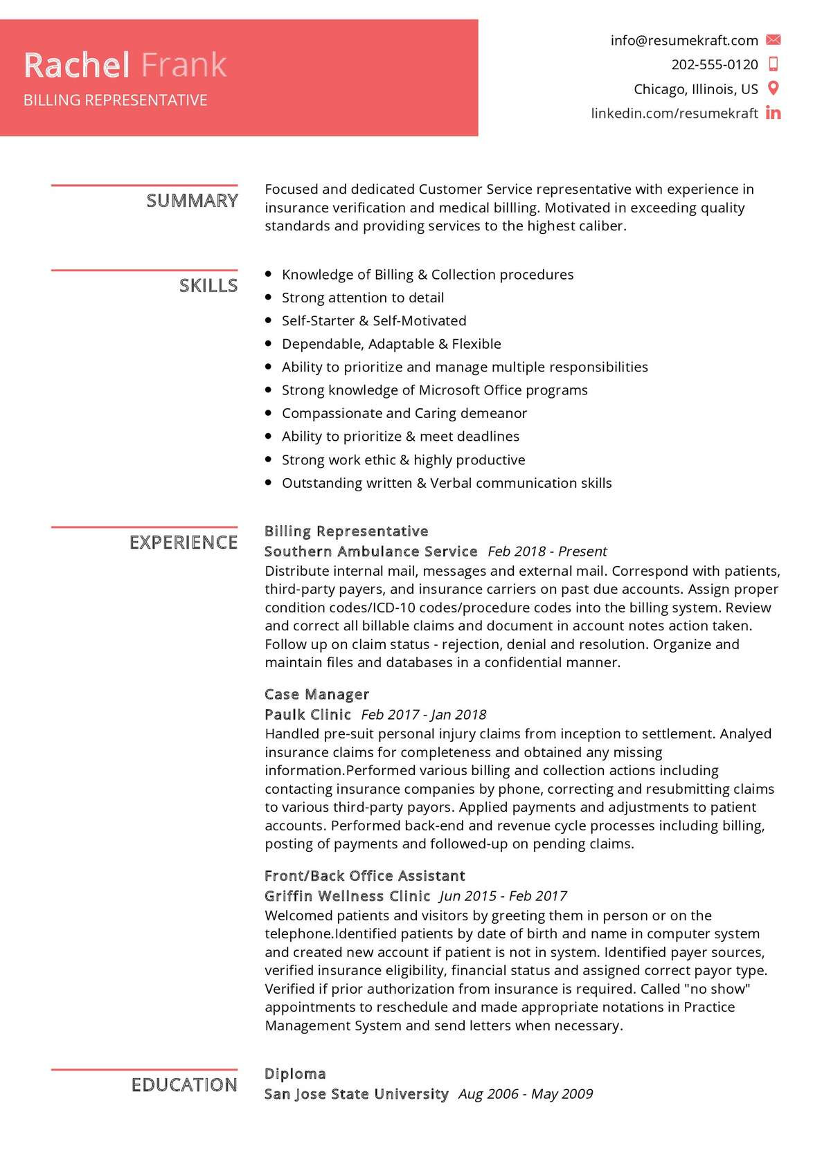 billing representative resume sample