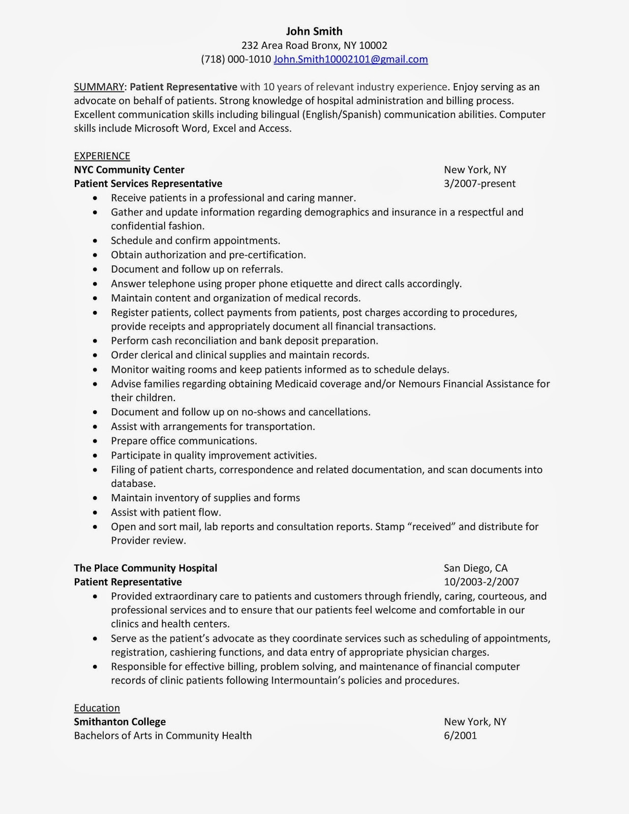 patient access representative resume examplesml