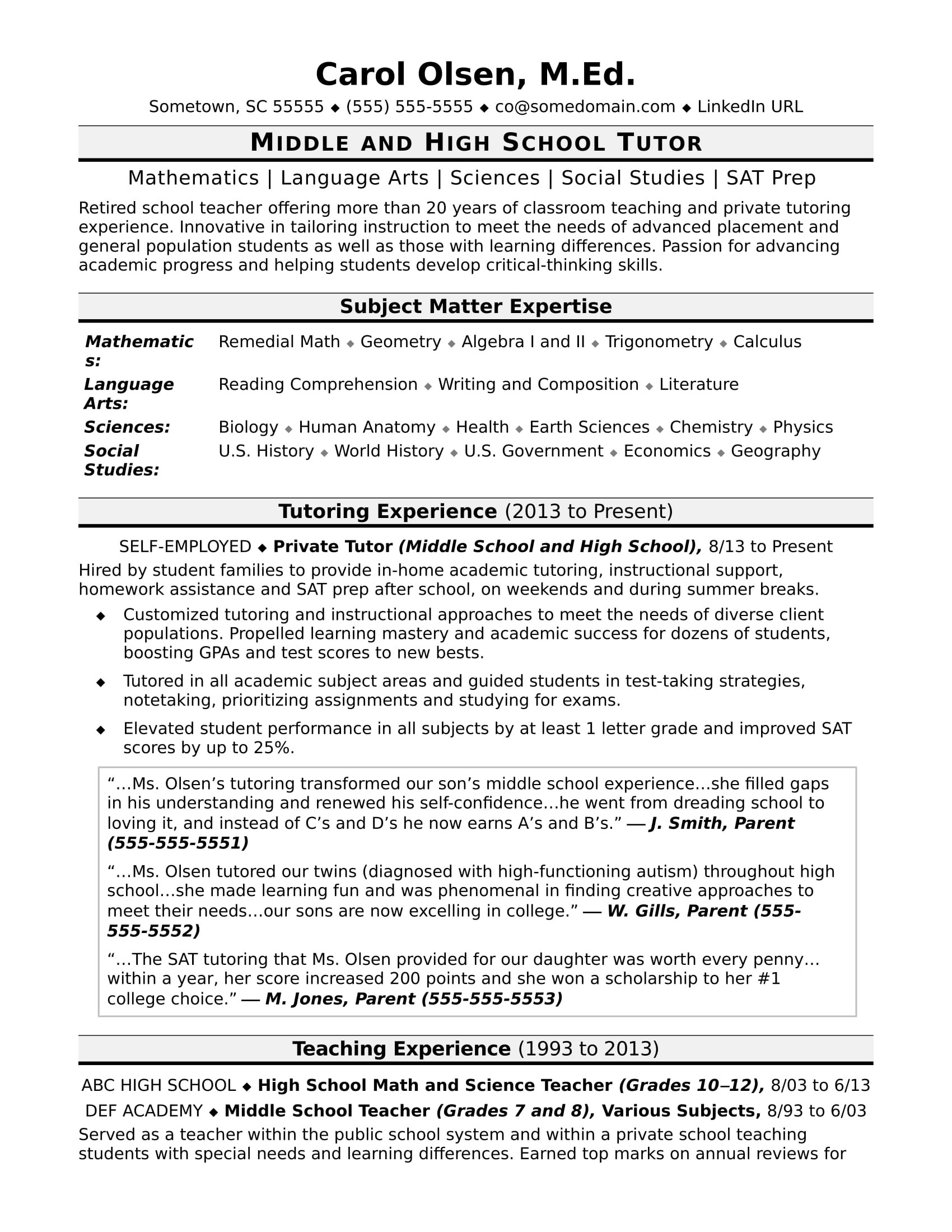 tutor resume sample