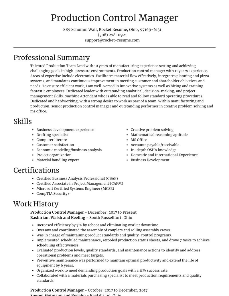 production control manager simple resume editor examples