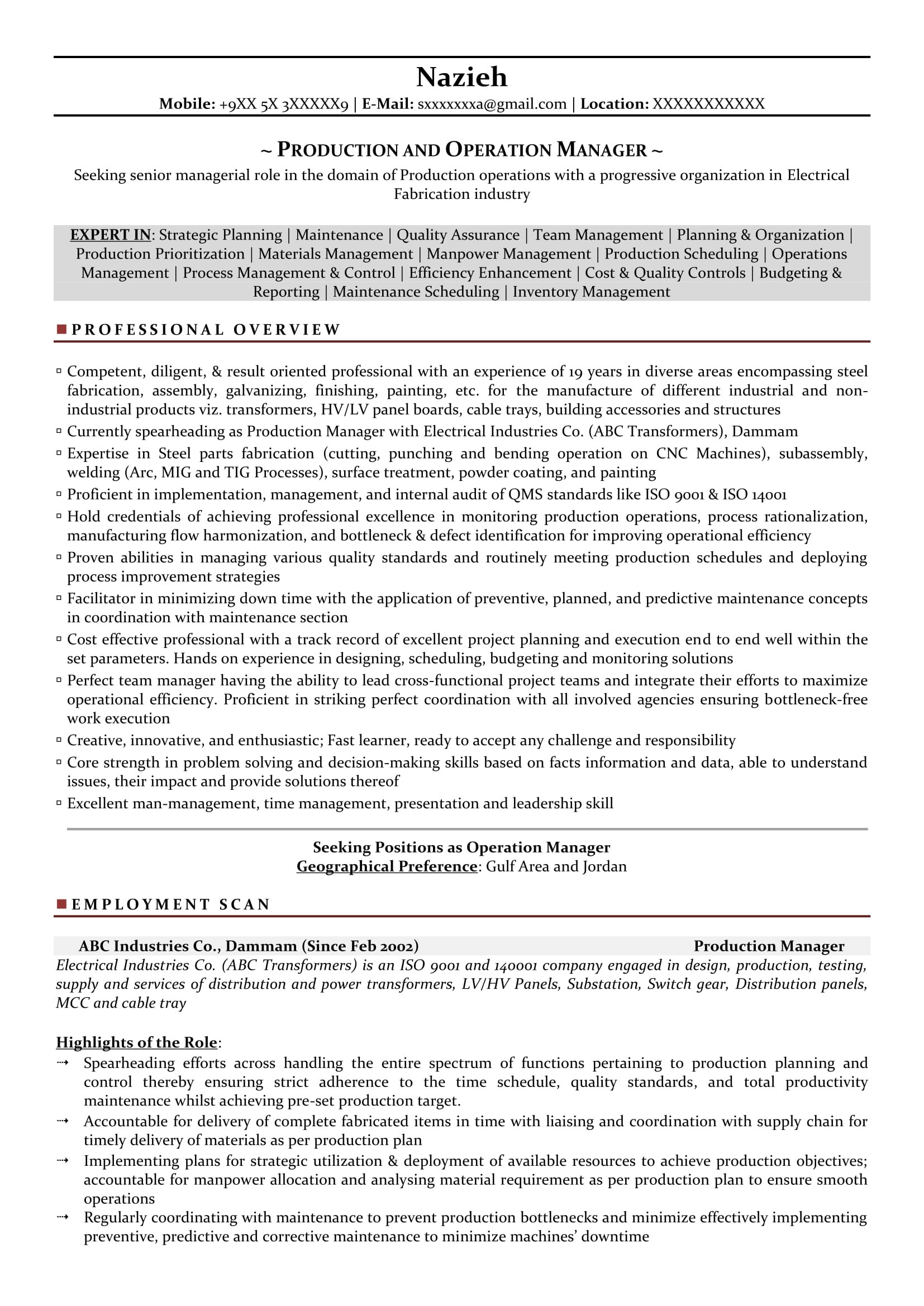 Sample Resume for Production Planning and Control Manager Production Planning Manager Resume Pdf October 2021