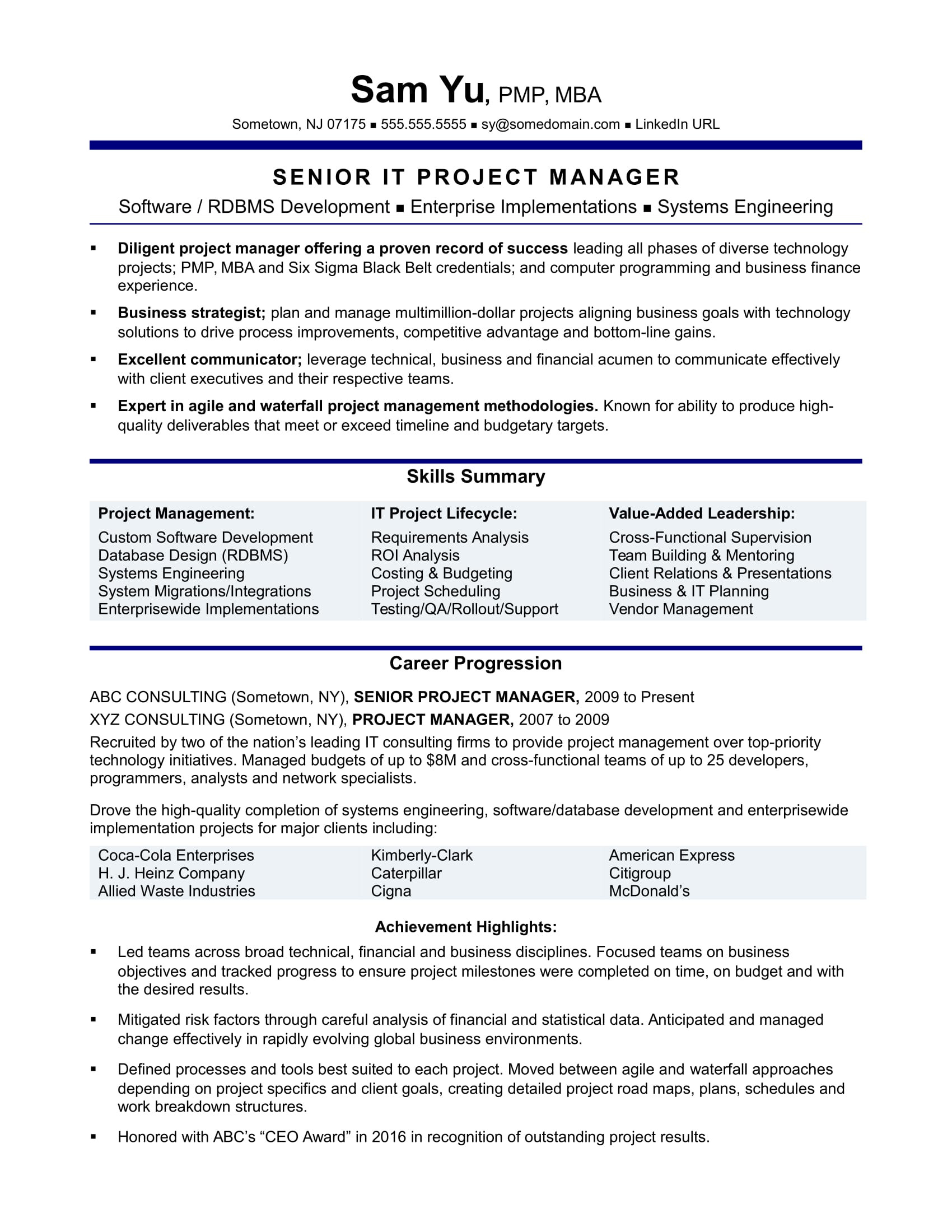 Sample Resume for Project Manager It software Experienced It Project Manager Resume Monster.com
