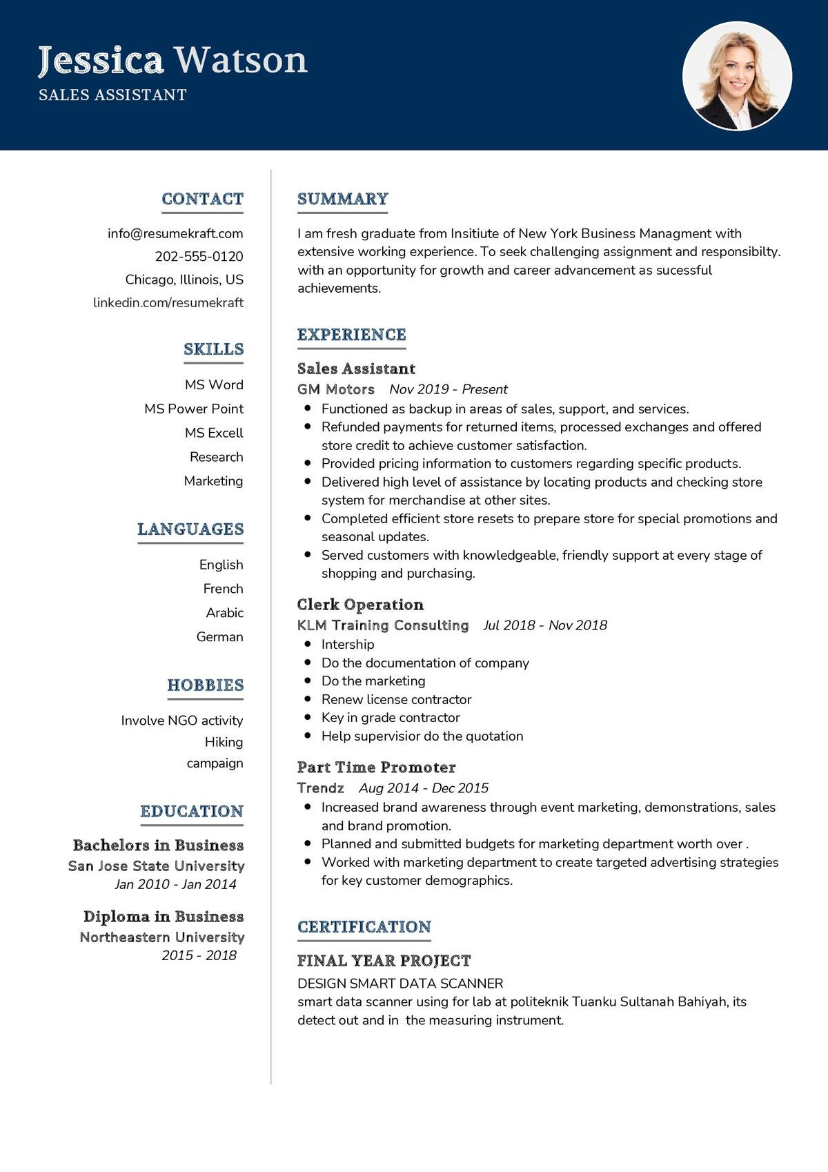 junior sales assistant resume example