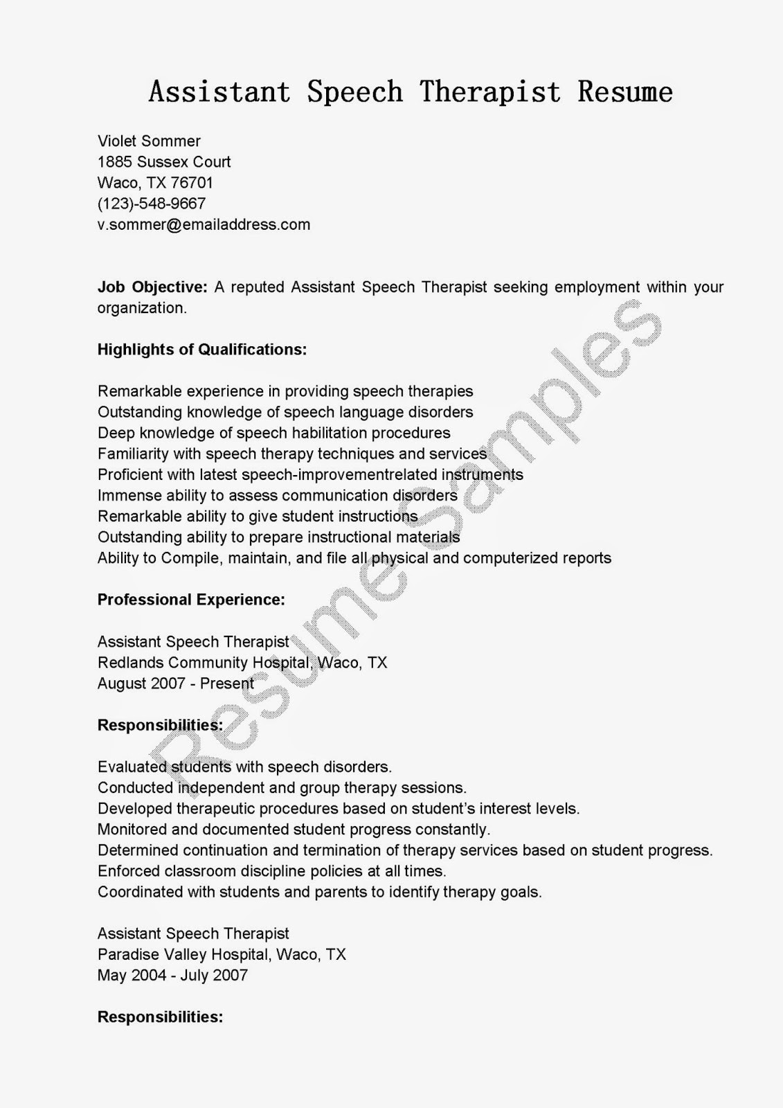 speech therapy assistant resume example