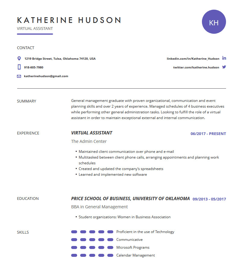 beginner virtual assistant resume sample