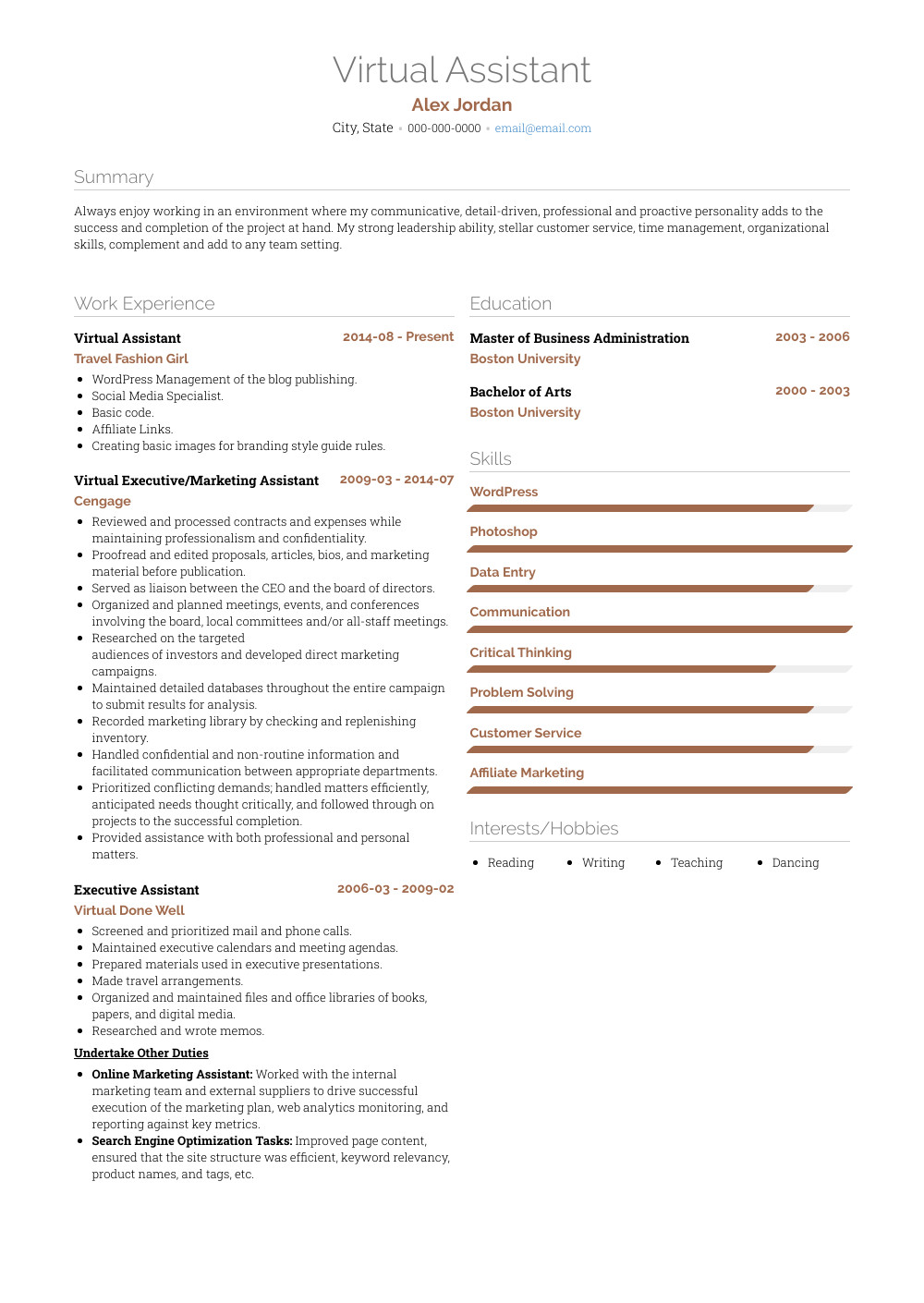 virtual assistant resume no experience