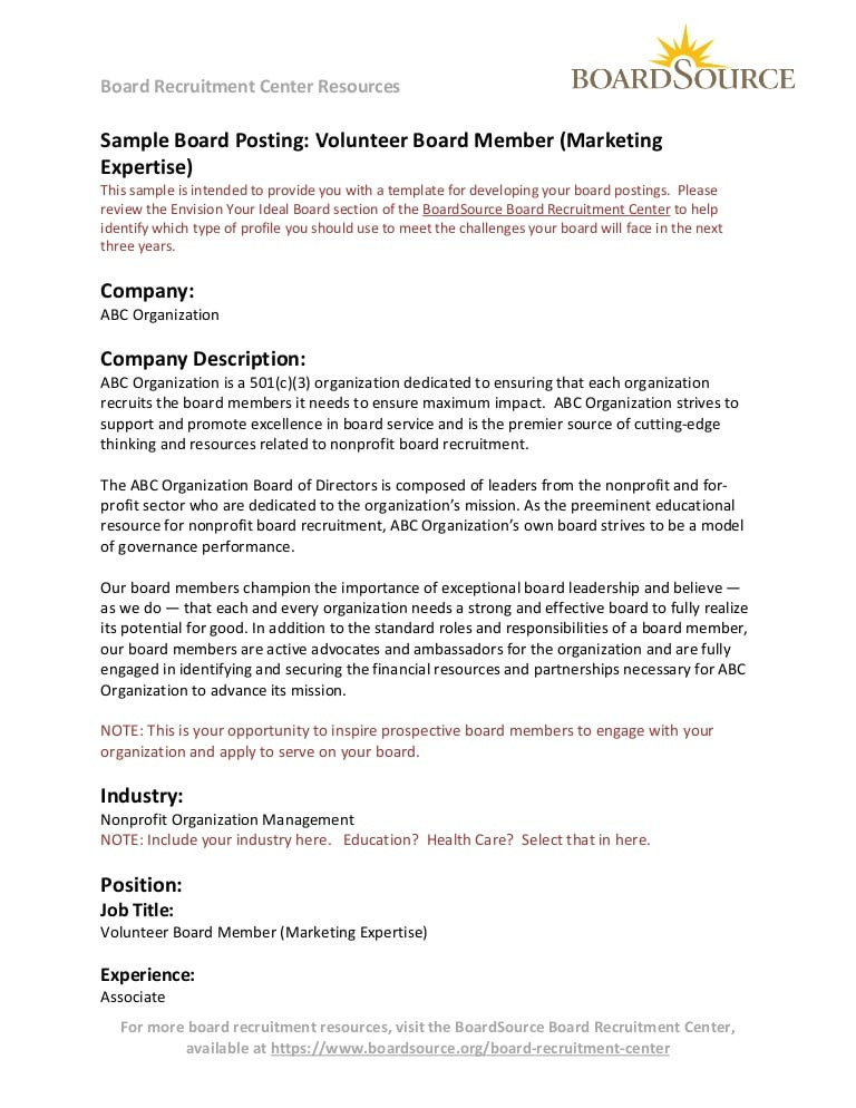 sample board posting volunteer board member marketing expertise
