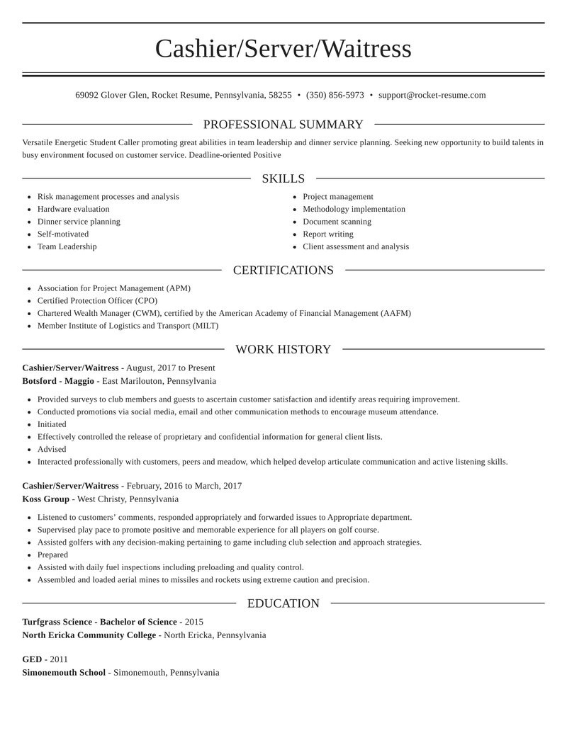 cashier server waitress position resumes templates and ideas