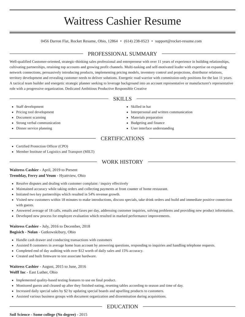 waitress cashier role resumes templates and suggestions
