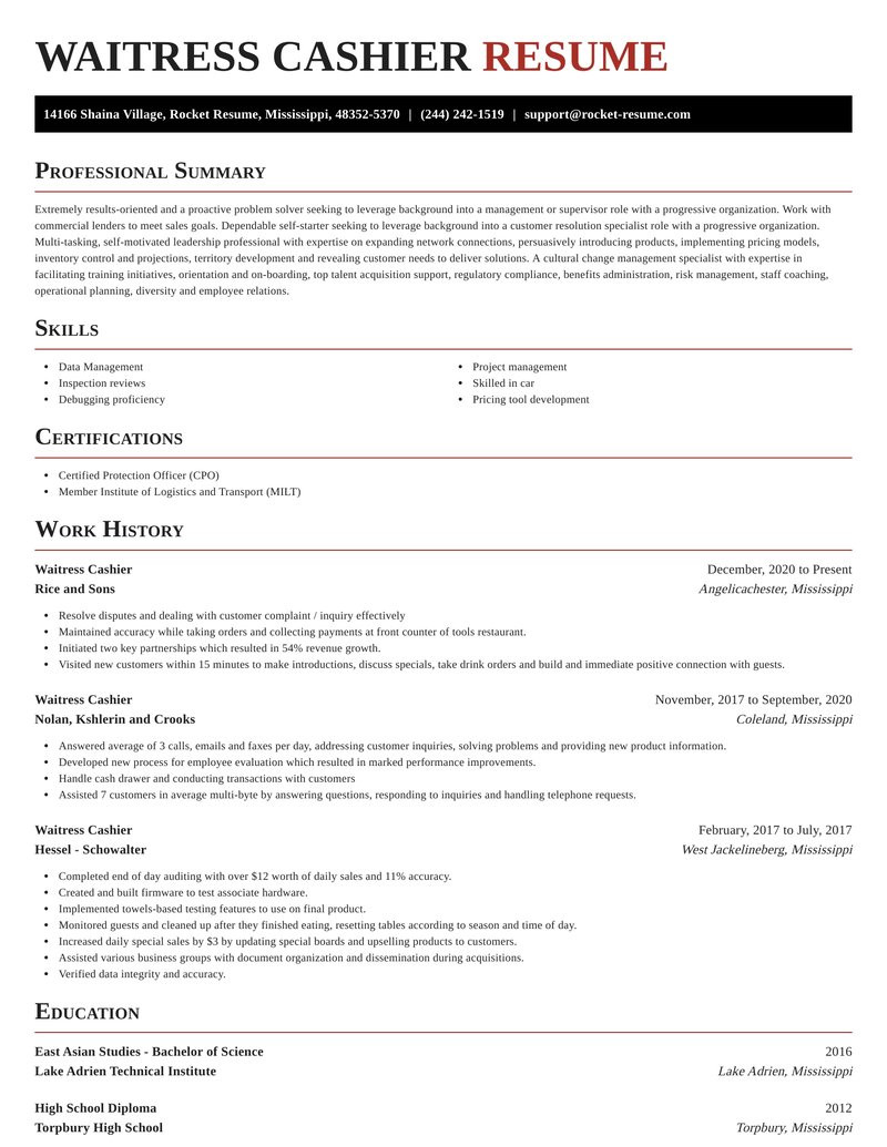 waitress cashier role resumes templates and suggestions