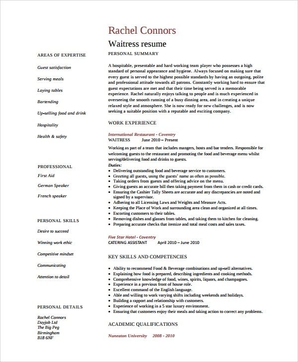 cv for waitress with no experience pdf