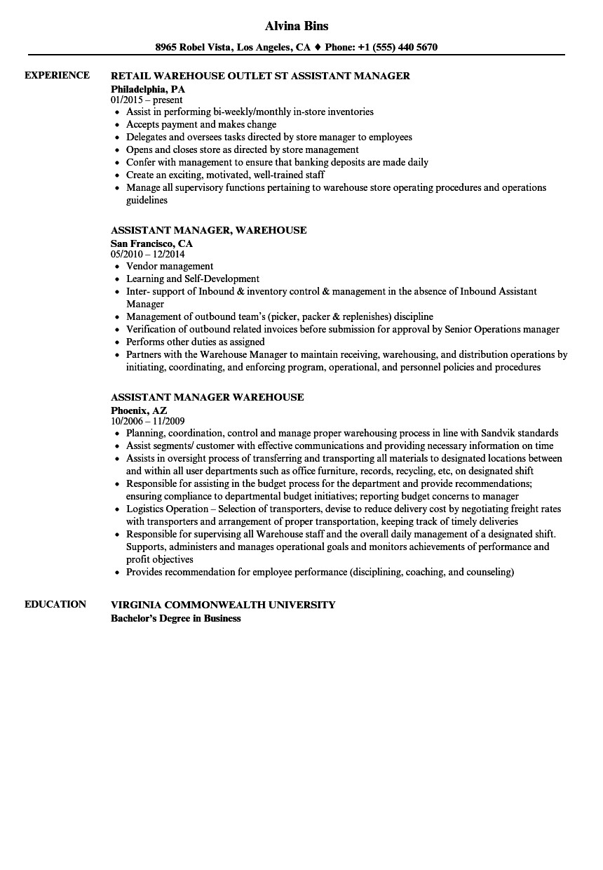 warehouse assistant manager resume sample