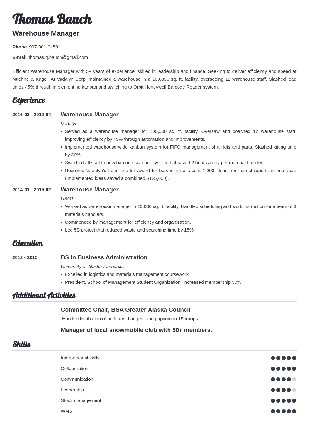 warehouse manager resume example