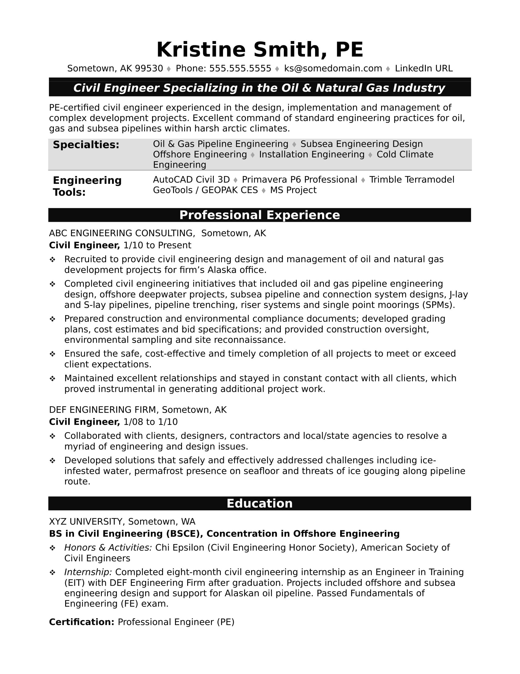 sample resume civil engineer midlevel