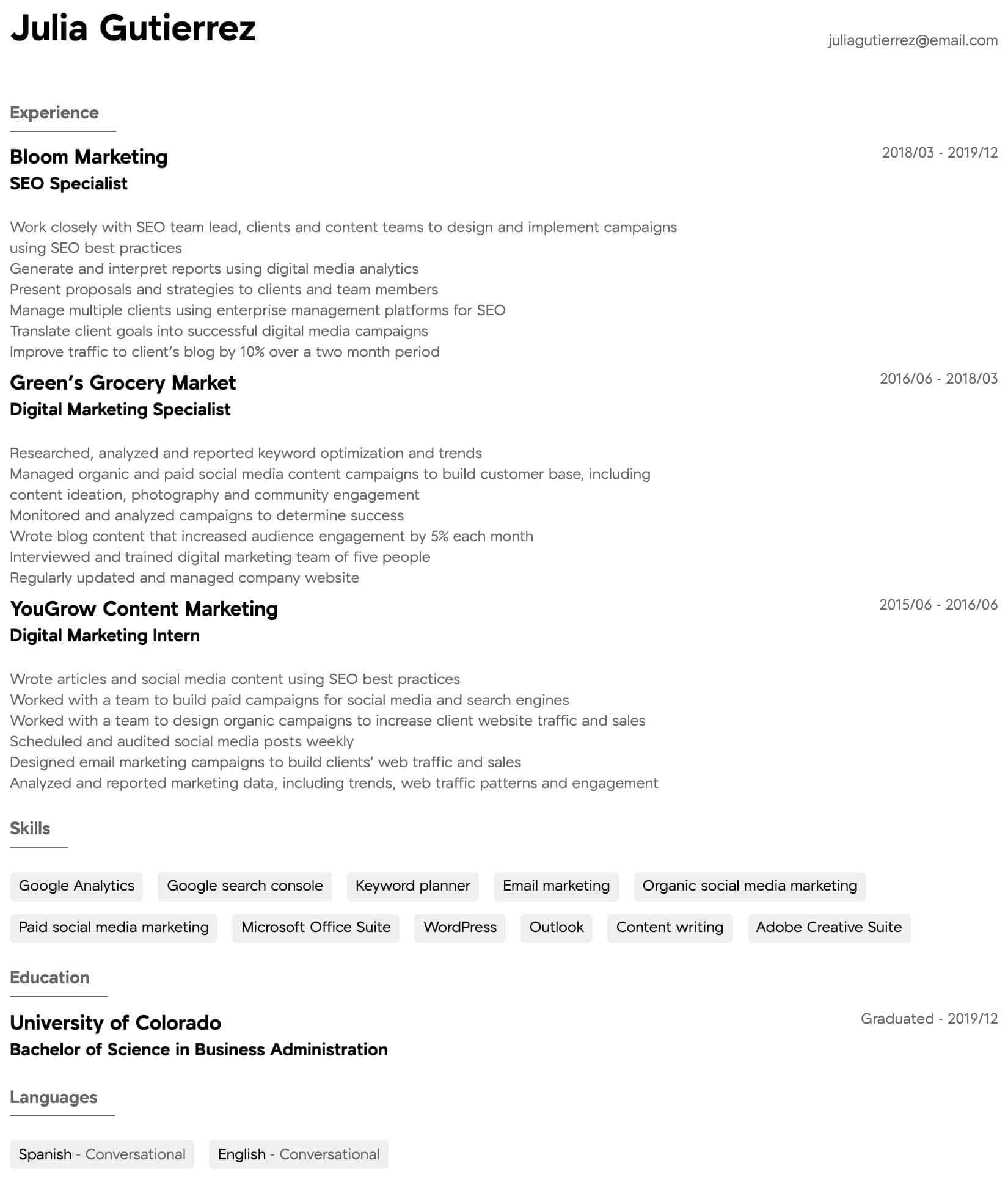 digital marketing resume sample