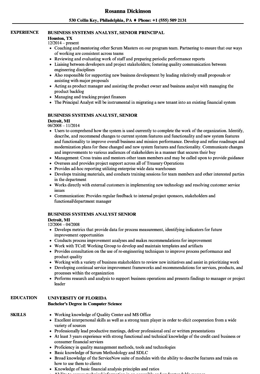 business systems analyst senior resume sample
